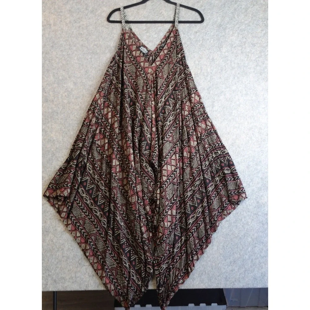 Vintage 90s Angie Harem Jumpsuit Womens S Black Geometric Beachy Boho Romper
